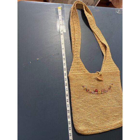 Straw Shoulder Bag Floral Embroidery & Leaf Button Closure Boho Beach Lagenlook - Picture 6 of 9